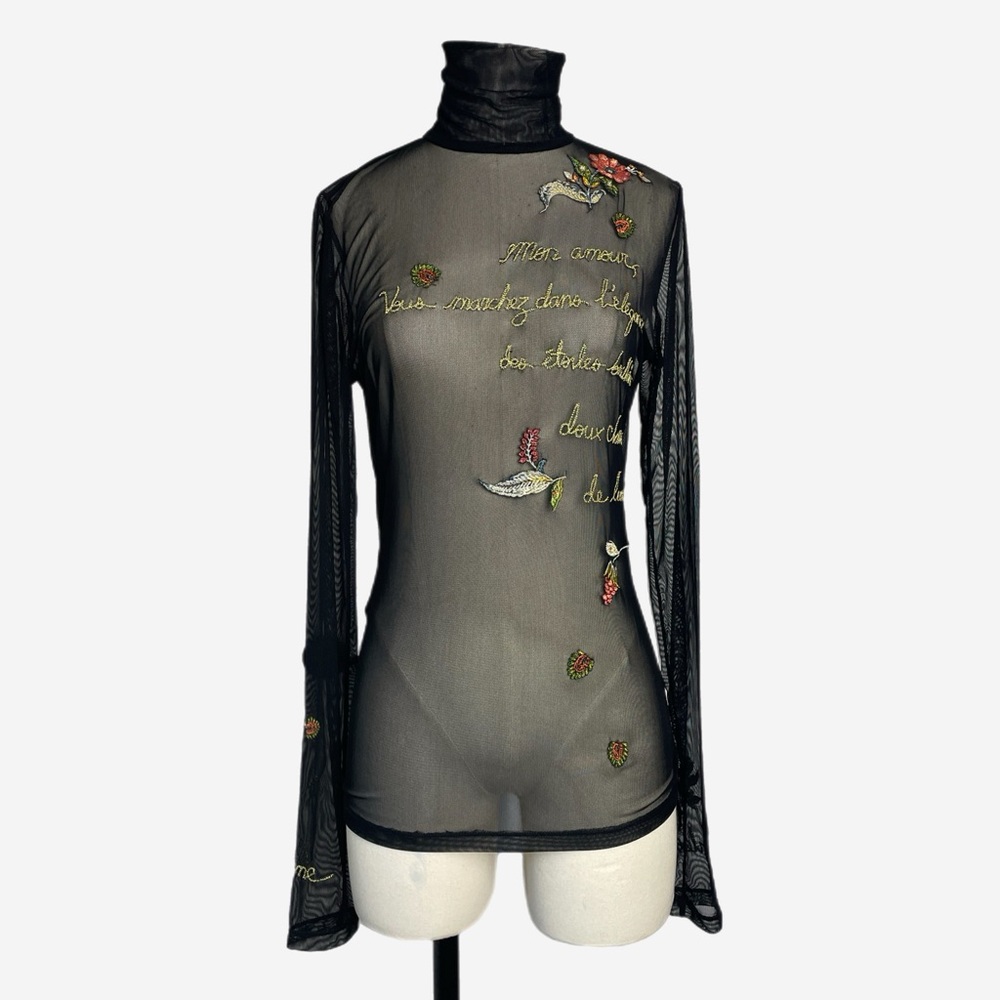 Cinq à Sept Black sheer mesh embroidered turtleneck whimsical dark bohemian S/M